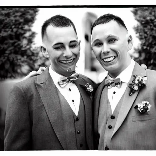 Image similar to two deformed weirdo brothers dressed for a wedding. Photograph.