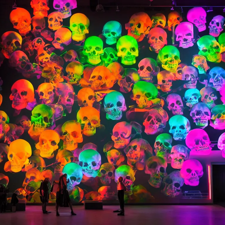 Image similar to fluxus performance of gradient colors light projection onto several giant skulls in a cramped art gallery, high contrast hyperrealism trending on arstation 8 k