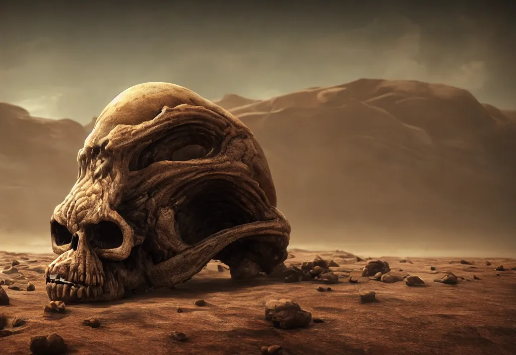 Image similar to eldritch animal alien skull in a dessert in mars, photorealistic, film, cinematic lighting, octane tender, volumetric light, dark - art