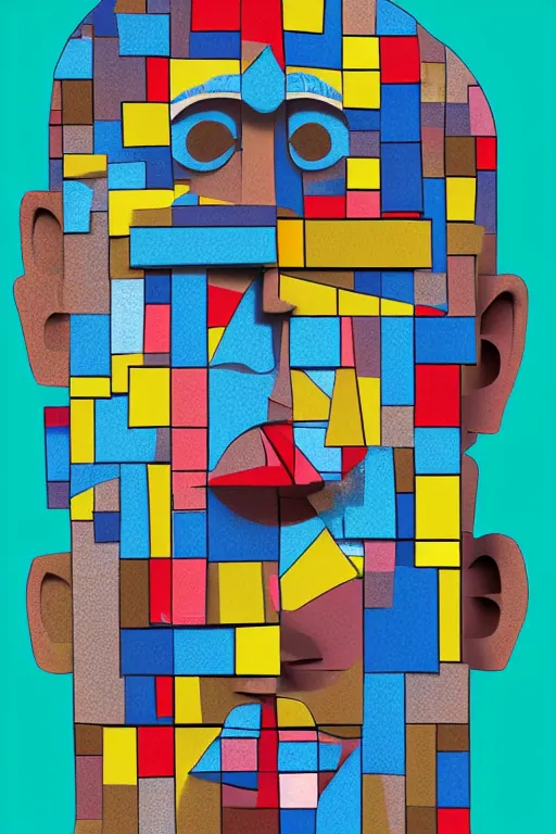 Image similar to cubist moai statue cutout digital illustration cartoon colorful beeple