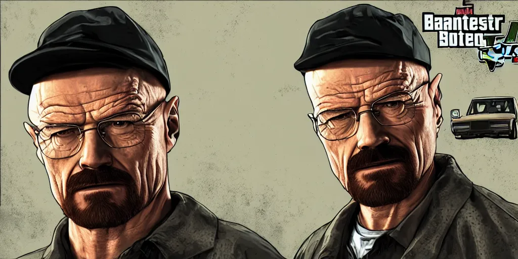 Prompt: Walter White from Breaking Bad in GTA V, Cover Art by Stephen Bliss, Boxart, Loading Screen. 8k Resolution