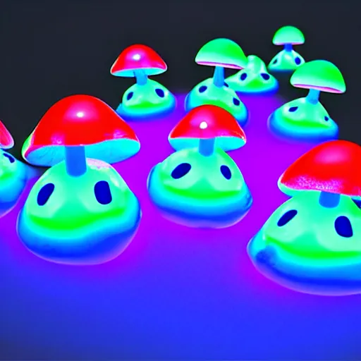 Prompt: glowing neon mushrooms and blue frogs with glowing eggs, hyper realistic