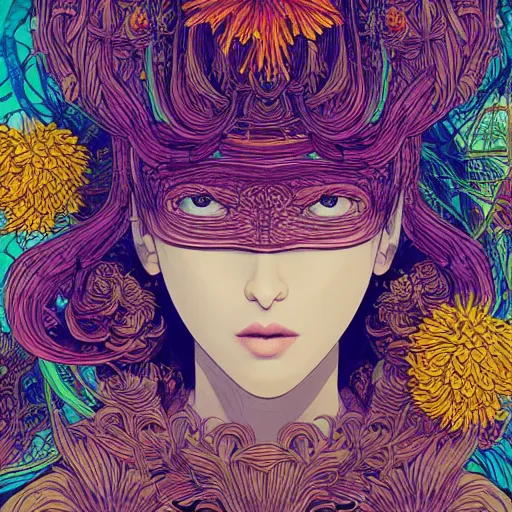 Image similar to the head of a beautiful woman partially made of bananas and chrysanthemums looking up, an ultrafine detailed illustration by james jean, final fantasy, intricate linework, bright colors, behance contest winner, vanitas, angular, altermodern, unreal engine 5 highly rendered, global illumination, radiant light, detailed and intricate environment