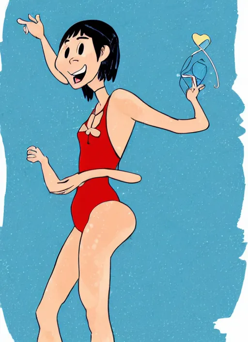 Prompt: a perfect professional digital sketch of a funny and cute Japanese young woman wearing one-piece sport swimsuit leotard, in style of Disney Pixar, CalArts