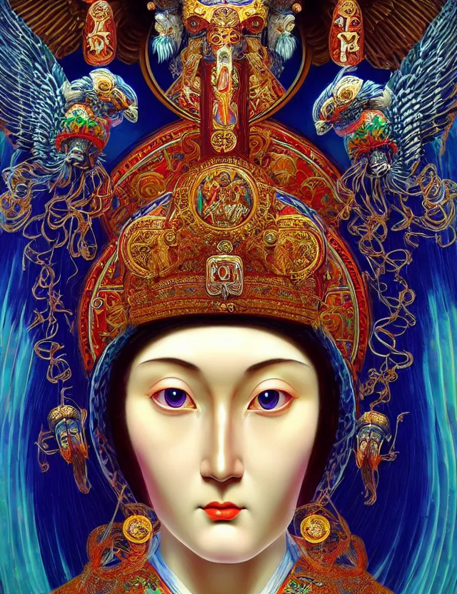 Image similar to 3 d goddess close - up profile portrait russian orthodox icon with ram skull. beautiful intricately detailed japanese crow kitsune mask and clasical japanese kimono. betta fish, jellyfish phoenix, bio luminescent, plasma, ice, water, wind, creature, artwork by tooth wu and wlop and beeple and greg rutkowski