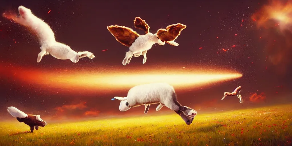 Prompt: flying lamb explosion, fast shutter speed, high speed, VFX particle simulation, action photo, 1/1000 sec shutter by RHADS