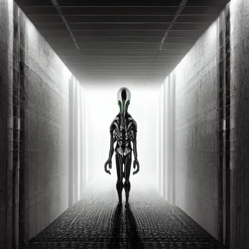 Image similar to Xenomorph with giant creepy eyes, futuristic hallway, dark, eerie