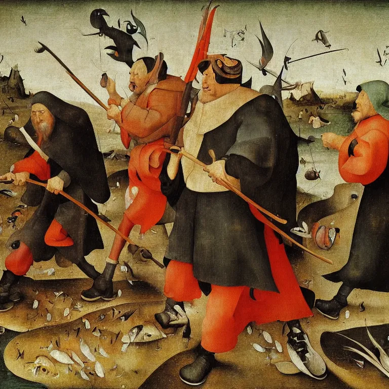 Image similar to The portrait of three sarcastic men with a lot of fish running away from Grim Reaper who laughs and follow them, by Hieronymus Bosch and Pieter Bruegel inspired by Terry Pratchett, super detailed oil painting, hyper realistic faces, 4k, masterpiece