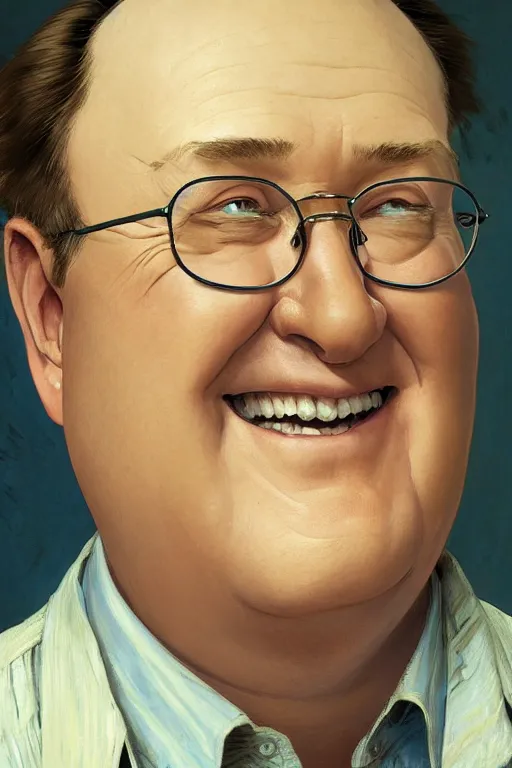 Prompt: John Lasseter portrait, smiling, highly detailed, digital painting, artstation, sharp focus, illustration, with Hawaiian shirt, art by Greg Rutkowski, Norman Rockwell and Alphonse Mucha,
