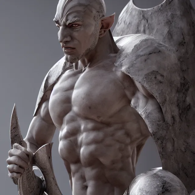 Image similar to marble sculpture of a warrior elf man, realistic, unreal engine render, octane render, hyper realistic, photo, 8 k, cinematic lighting