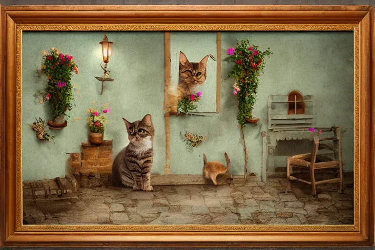 Image similar to a very very very very detailed matte painting of Cute Cat sitting in center of Provence style Room,