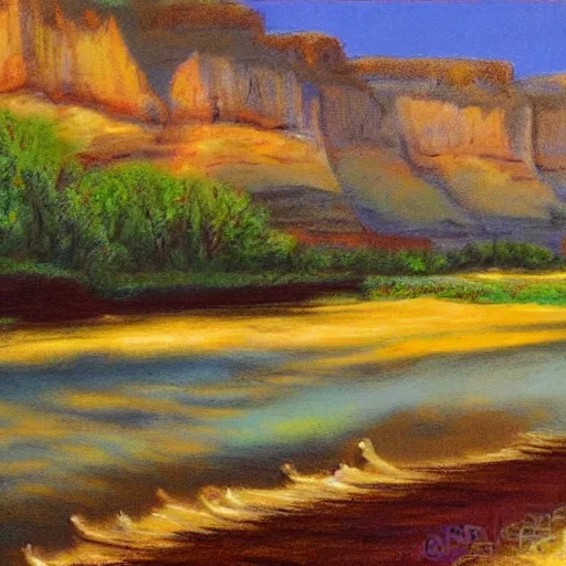 Image similar to landscape meadow flowing into grand canyon, pastel artwork