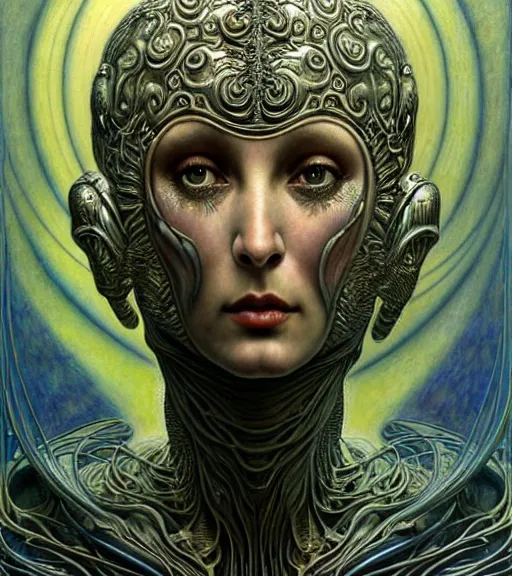 Image similar to detailed realistic beautiful young cher alien robot as queen of mars portrait by jean delville, gustave dore and marco mazzoni, art nouveau, symbolist, visionary, mandelbulb 3 d, baroque. horizontal symmetry by zdzisław beksinski, iris van herpen, raymond swanland and alphonse mucha. highly detailed, hyper - real, beautiful