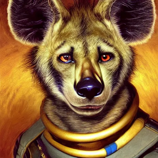 Image similar to a portrait of a hyena hyenaman canine star trek in a starfleet uniform chief engineer. zootopia fursona furaffinity furry art detailed face highly detailed painting by gaston bussiere craig mullins jc leyendecker gustav klimt artgerm greg rutkowski furry