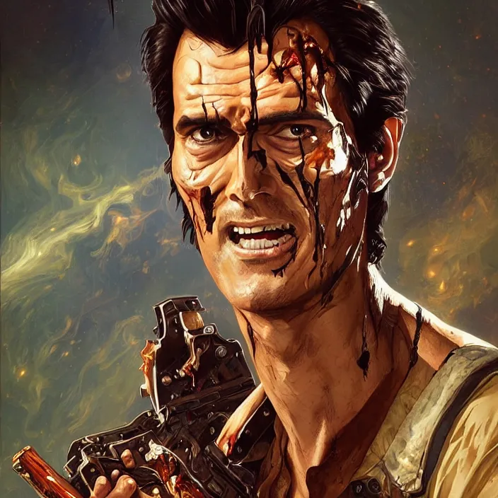 Image similar to portrait of the man from Evil Dead movie Ash Williams, \'Groovy\' fantasy, intricate, elegant, highly detailed, digital painting, artstation, concept art, smooth, sharp focus, illustration, art by artgerm and greg rutkowski and alphonse mucha