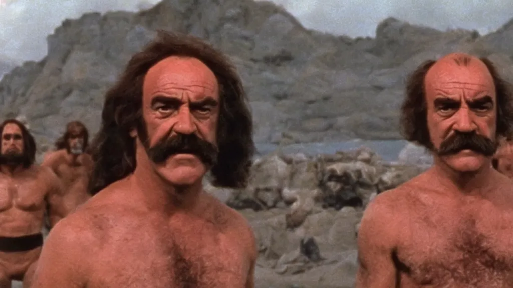 Prompt: still from the movie zardoz 2, starring sean connery, 1 9 7 5, cinematic lighting, ultra realistic, panavision, wide screen, saturated color, seventies cinema, vintage science fiction cinema