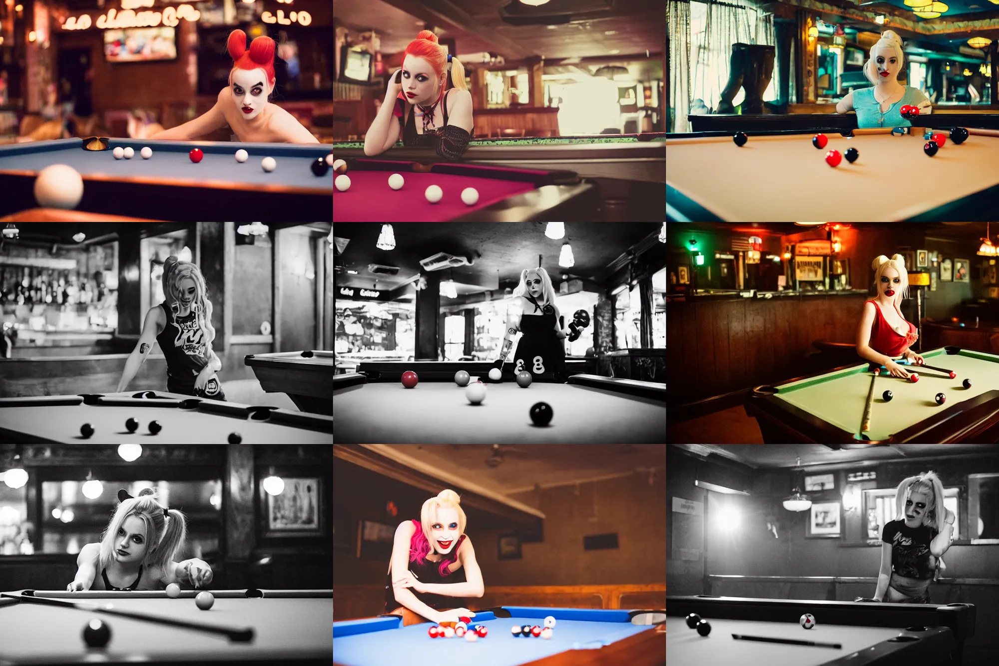 Prompt: Harley Quinn by the pool table, playing eight ball, candid photo in a hazy darkly lit old bar, soft light, 50 mm lens