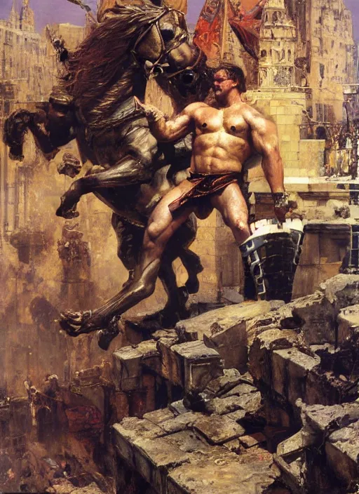 Image similar to huge warrior jocko willink vs godlike achilles at the walls of troy, dynamic action science fiction, by john berkey and lawrence alma tadema and rick berry and norman rockwel