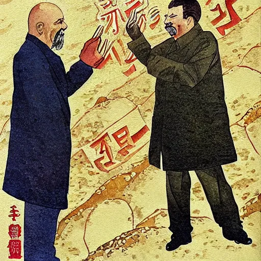 Prompt: lenin and stalin. this watercolor and gold leaf work by the award - winning mangaka has a beautiful composition and intricate details