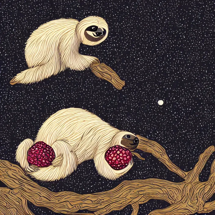 Prompt: sloth enjoying a pomegranate under the moonlight, vector graphics, cool