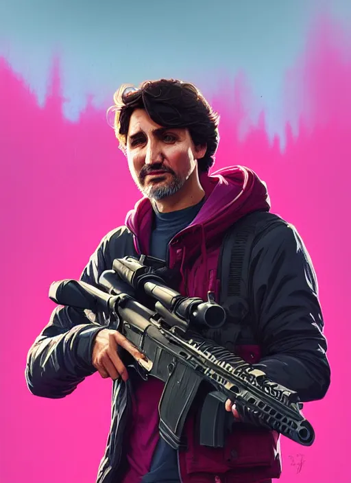 Prompt: highly detailed portrait justin trudeau in fuschia hoody holding ar - 1 5! in gta v stephen bliss unreal engine fantasy art by greg rutkowski loish rhads ferdinand knab makoto shinkai lois van baarle ilya kuvshinov rossdraws tom bagshaw global illumination radiant light detailed intricate environment