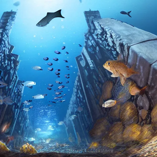 Image similar to underwater edinburgh castle, deep underwater, fish shoal, concept art in style of Greg Rutkowki, dynamic lighting, 8k, very very very highly detailed, hyper realistic realistic, shot on gopro 8