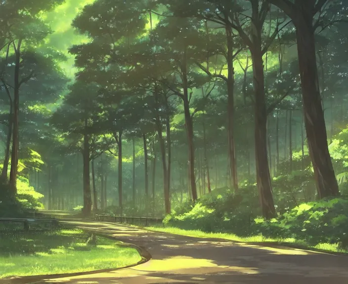 Image similar to A highway built in a forest, peaceful and serene, incredible perspective, soft lighting, anime scenery by Makoto Shinkai and studio ghibli, very detailed