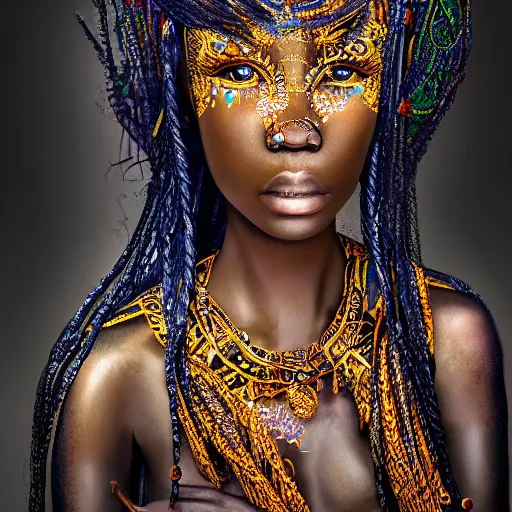 Image similar to professional photograph portrait of African Elvin fantasy princess, intricate complexity, manga styling, intricate complexity, subsurface scatter, drum scanner, 8k render