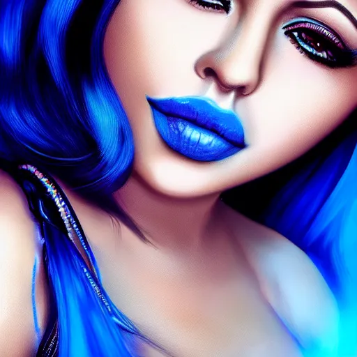 Image similar to portait of haifa wehbe, perfect lips licking tongue, long hair blue centred, hd, very detailed curve, digital painting, unreal engine, final fantasy style, amazing blue background theme