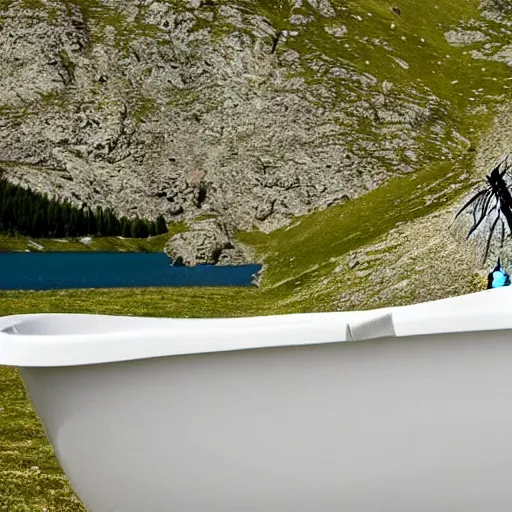 Image similar to dragonfly in a bathtub in the alps, sheep!!! in background