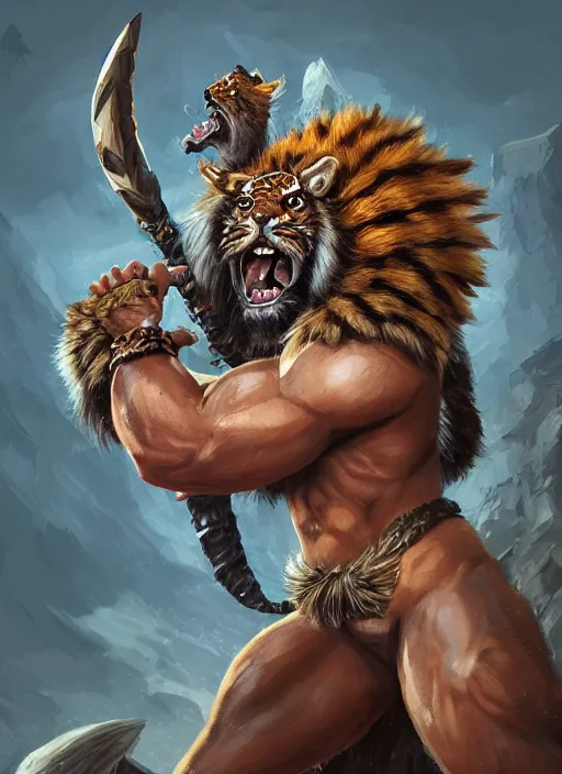 Prompt: a highly detailed illustration of a fierce tribal warrior wearing a tiger mane hat, heroically screaming into the sky pose, muscular, intricate, elegant, highly detailed, centered, digital painting, artstation, concept art, smooth, sharp focus, league of legends concept art, WLOP