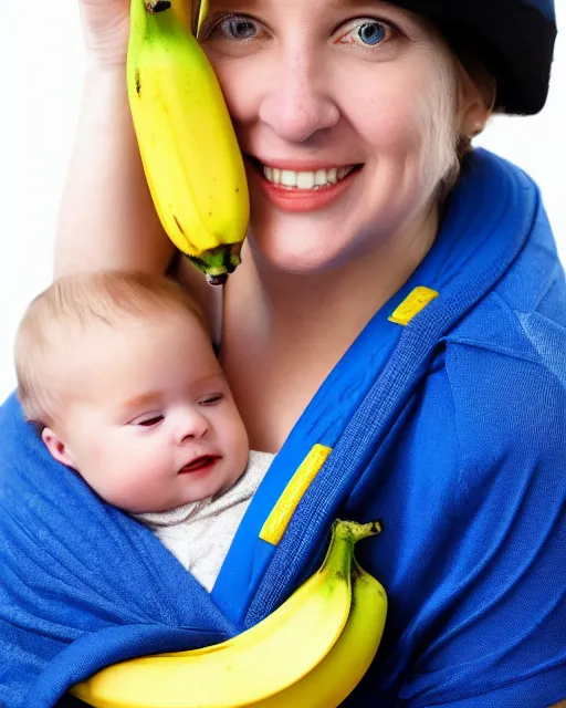 Image similar to banana wearing a cobalt blue vilt hat and wearing a baby sling with a kitten inside, color studio portrait, golden ratio, backlit, happy, detailed eyes