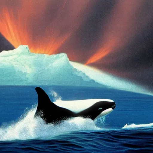 Prompt: a Killer Whale erupts from a turbulent ocean, in the background we see mountains and blue skies, by Chesley Bonestell, as featured on artstation, 3D