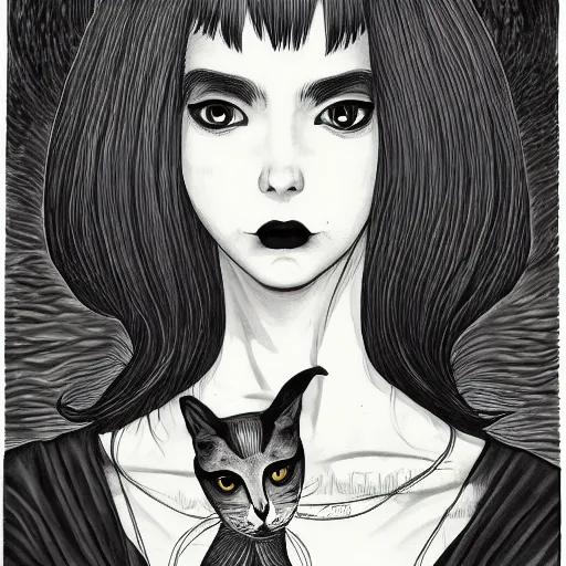 Prompt: portrait of a beautiful woman, gothic, cat eyes, high detail, illustration by junji ito