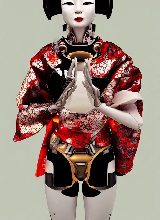 Image similar to portrait of a stylish futuristic geisha cyborg, with a red kimono with japanese golden signs written on it, kintsugi, modern fine art, fractal, intricate, elegant, highly detailed, digital photography, subsurface scattering, in the style of ghost, by yue minjun and greg rutkowski,