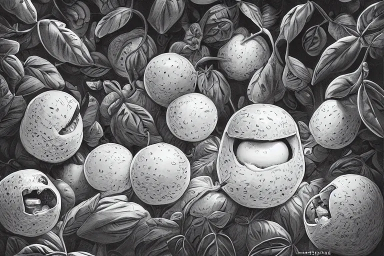 Image similar to a highly detailed cartoon of tomatoes playing with mozzarella balls, some sliced in half, basil leaves flying all over, playful vibe, full body, wide angle, an ultrafine detailed painting by joe fenton, trending on deviantart, pop surrealism, whimsical, lowbrow, perfect symmetrical face, sharp focus, octane, masterpiece