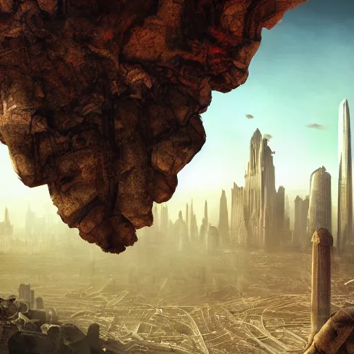 Prompt: the fall of a giant god from the sky on a ruined modern earth, middle aged wearing a robe and hurt, colossal futuristic cities in the background destroyed, light from the tallest skyscraper piercing the sky, apocalyptic, photorealism, highly-detailed, atmospheric, award winning, 8k