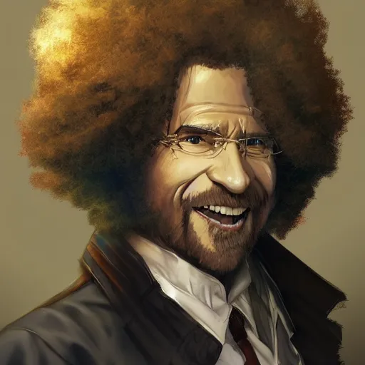 Image similar to An anime portrait of Bob Ross as a ripperdoc , by Stanley Artgerm Lau, WLOP, Rossdraws, James Jean, Andrei Riabovitchev, Marc Simonetti, and Sakimichan, tranding on artstation