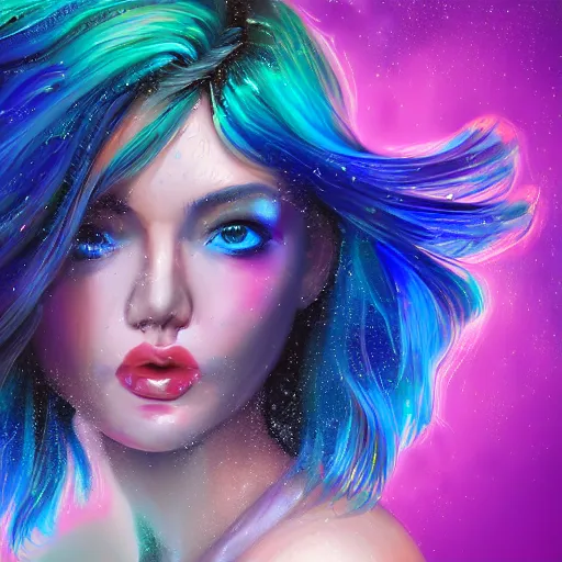 Prompt: a digital painting of a woman in the rain with blue hair, dynamic multicolored background, with cute - fine - face, pretty face, oil slick multicolored hair, perfect face, extremely fine details, realistic shaded lighting, by jinsung lim, cgsociety, synchromism, detailed painting, glowing neon, digital illustration