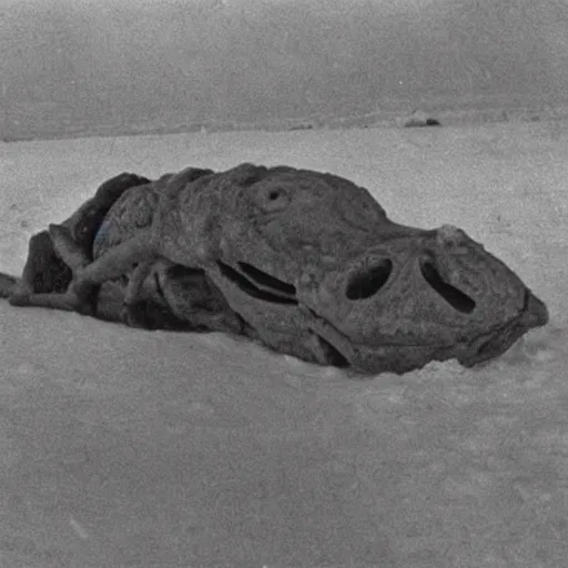 Prompt: a mummified t-rex corpse found in the artic ice and snow, taken by a ww2 camera.