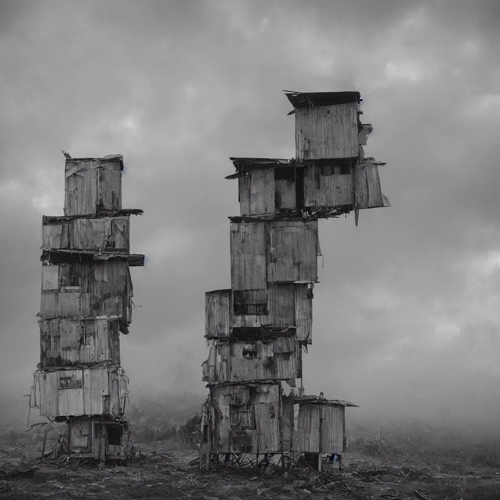 Image similar to two towers, made up of makeshift squatter shacks with faded colours in philippines, moody cloudy sky, uneven fog, dystopia, mamiya, f 1 1, fully frontal view, photographed by jeanette hagglund