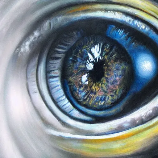 Prompt: a highly detailed photorealistic painting of a human eye that has a reflection of outer space