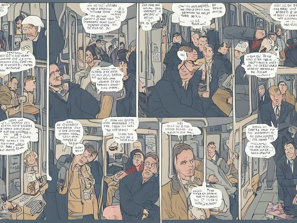 Image similar to a single comic panel by Daniel Clowes, 3/4 low angle view wide shot of two people sitting in an empty Chicago subway train, in front of windows: a sad Aubrey Plaza in a parka and a friendly Mads Mikkelsen in a suit