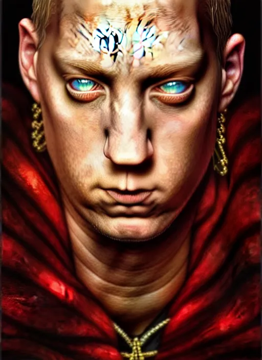 Image similar to : eminem fantasy, fantasy magic,  , intricate, sharp focus, illustration, highly detailed, digital painting, concept art, jahbu art and Paul lewin and kehinde wiley, masterpiece