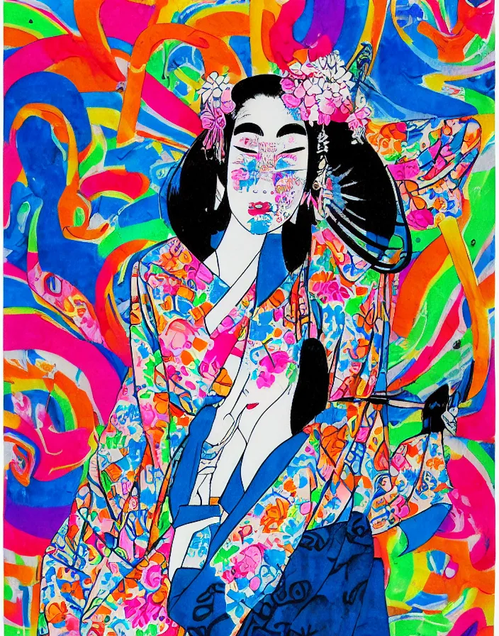 Image similar to ink on paper, a portrait of a geisha wearing a colorful kimono with graffiti tags in front of a tokyo subway, by goyo hashiguchi!!, colorful, xray melting colors!!