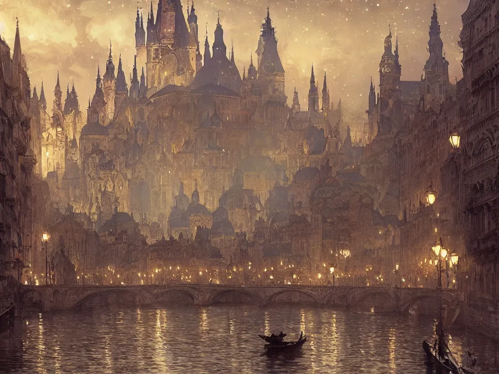 Image similar to a view from the river of a city resembling prague, paris, and venice at night with the sky full of stars, intricate, elegant, highly detailed, digital painting, artstation, concept art, smooth, sharp focus, colored illustration for tattoo, art by krenz cushart and artem demura and alphonse mucha,