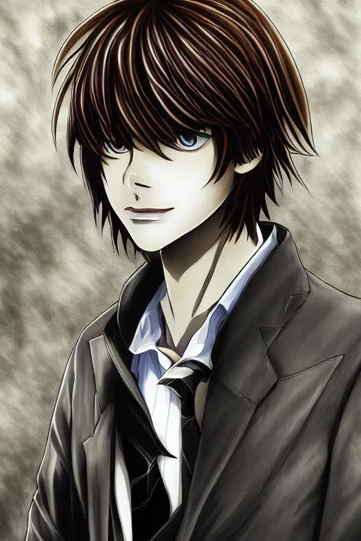 Image similar to light yagami, god of the new world, highly detailed, digital art, sharp focus, trending on art station, death note