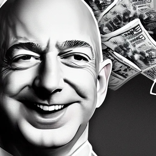 Image similar to digital art of jeff bezos cackling on top of a pillar of money