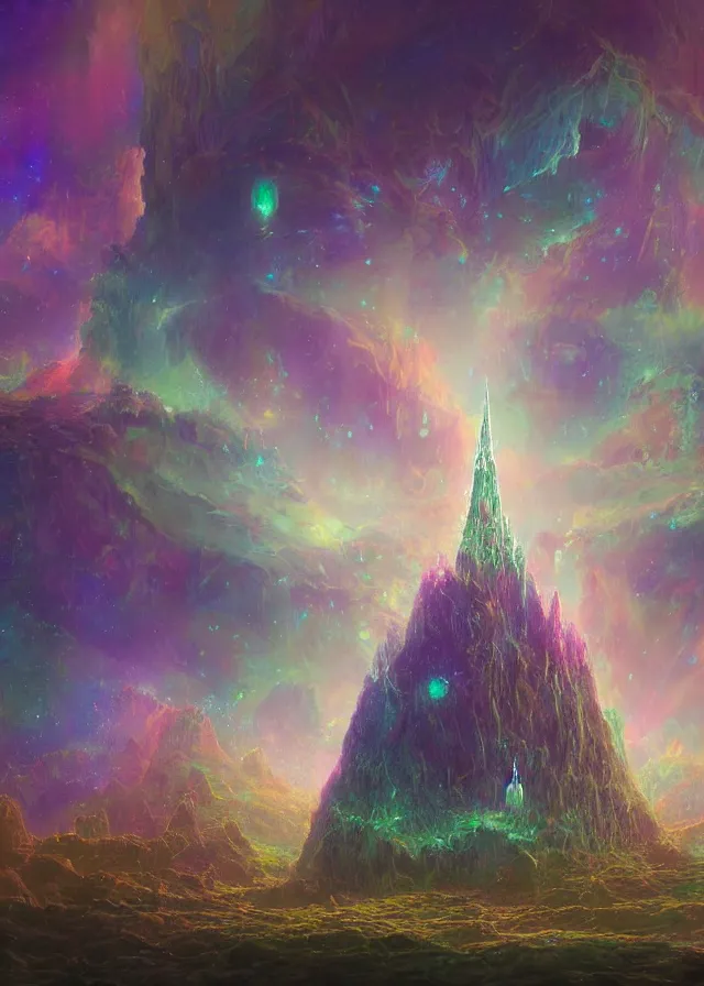 Image similar to an ultra detailed midjourney concept digital art painting of a flying island castle city, towers levitating across space in an iridescent nebula by paul lehr kazumasa uchio situated in a starry expanse of bioluminescent cosmic worlds by beksinski and beeple, ecological art, sharp details, floating citadel with towers, trending on artstation