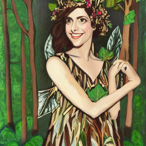 Image similar to Acrylic on canvas long shot of Alison Brie as a wood princess with a leaf dress, low-key lighting, woods background, fairy tale, nature, forest, detailed face, realistic